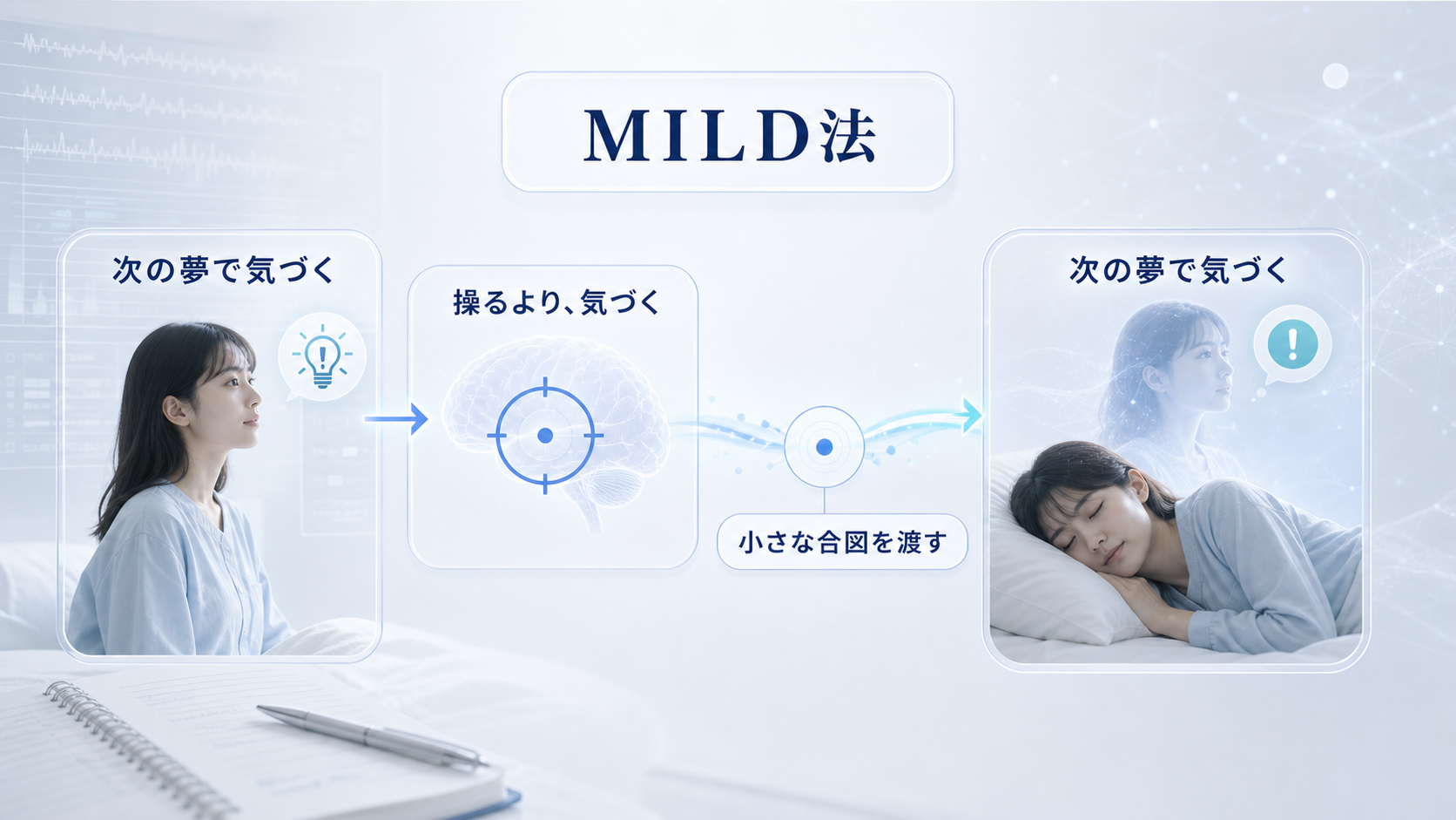 MILD法は夢を操る技ではなく、次の夢で気づくための小さな合図を渡す練習だと示す図解