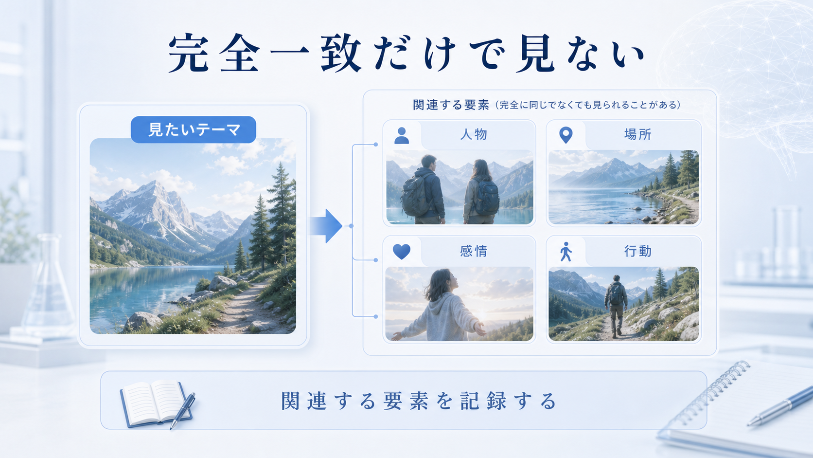 見たいテーマと夢に現れる関連要素を比較する図解