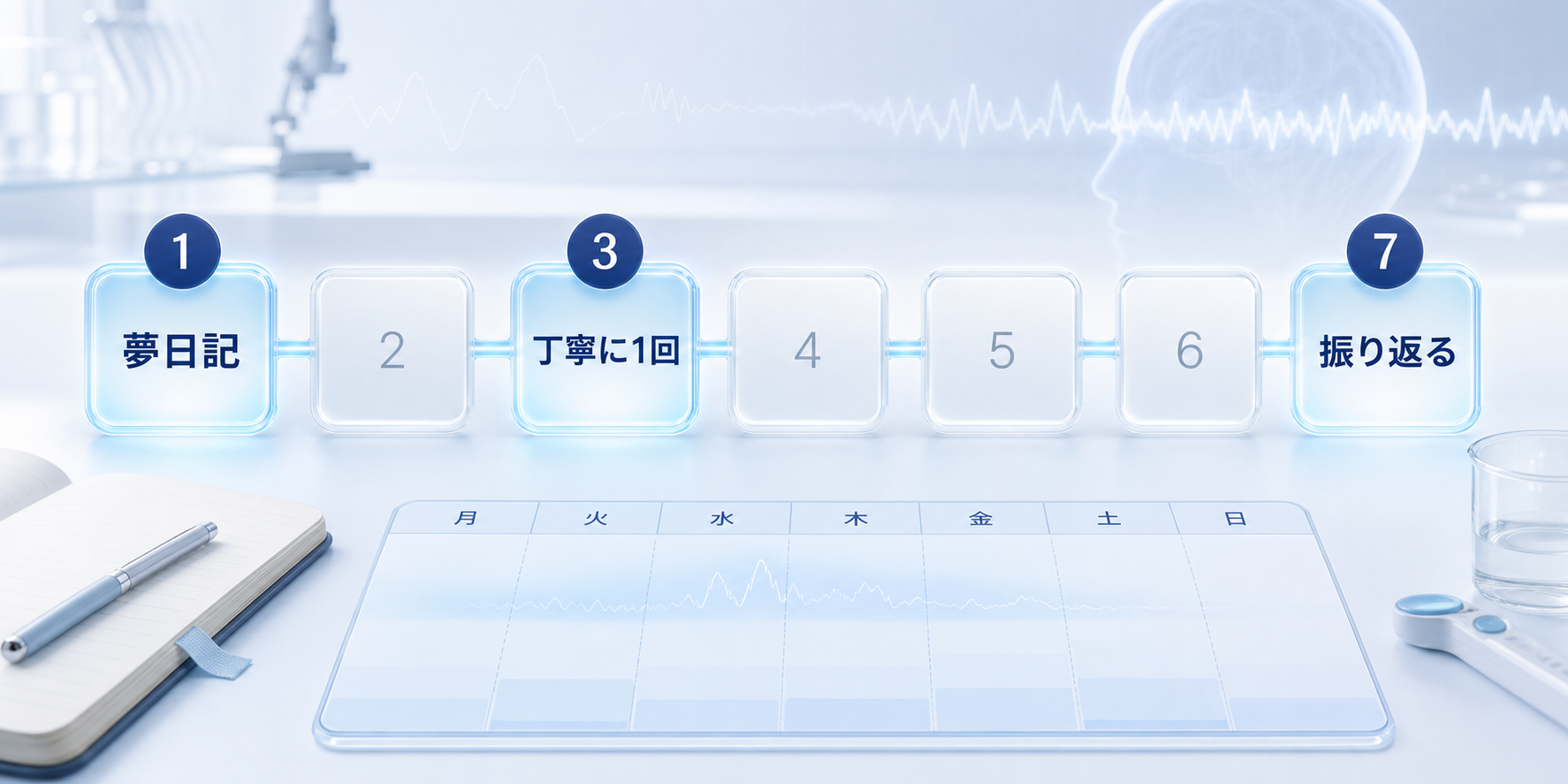 夢日記、丁寧に1回、振り返るを中心にした7日間ミニプランの図解