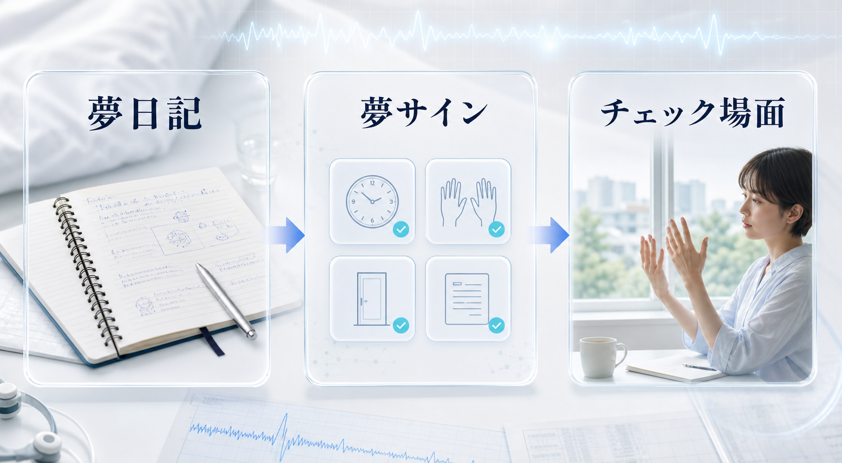 夢日記から夢サインを見つけてチェック場面へつなげる流れの図解