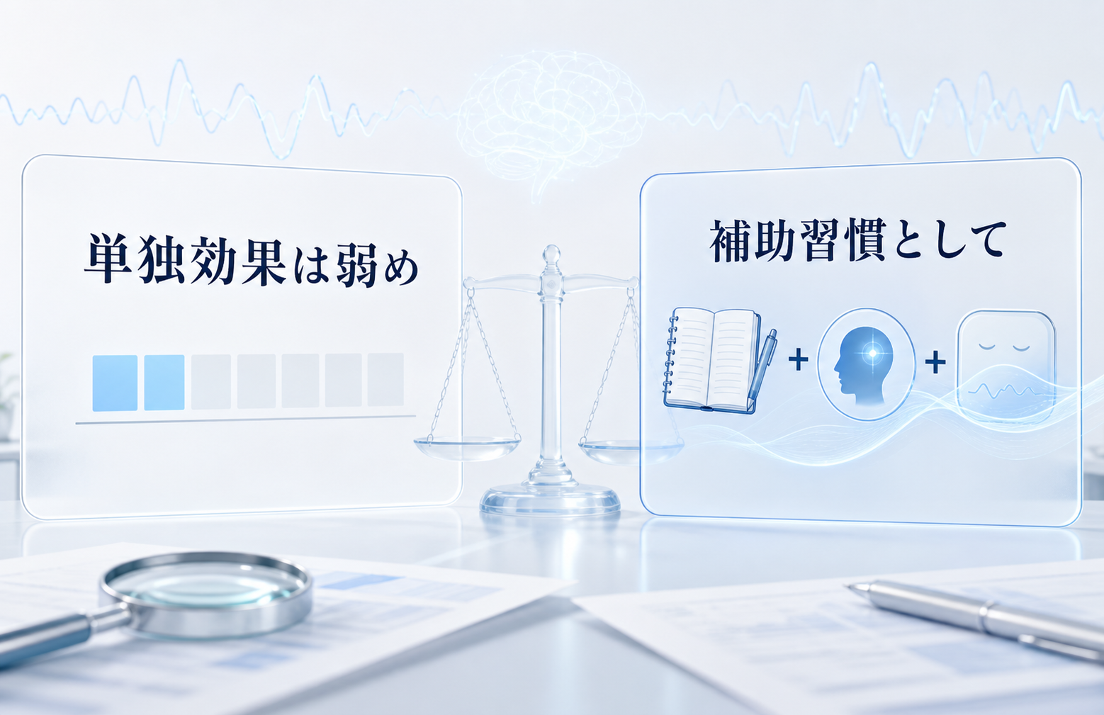 リアリティチェック単独の効果は弱めで補助習慣として扱うと示す図解