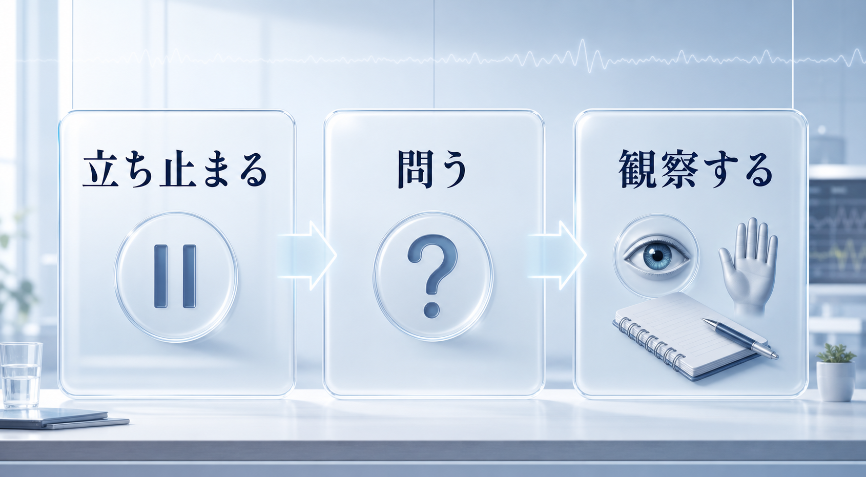 リアリティチェックは立ち止まり、問い、観察する習慣だと示す図解