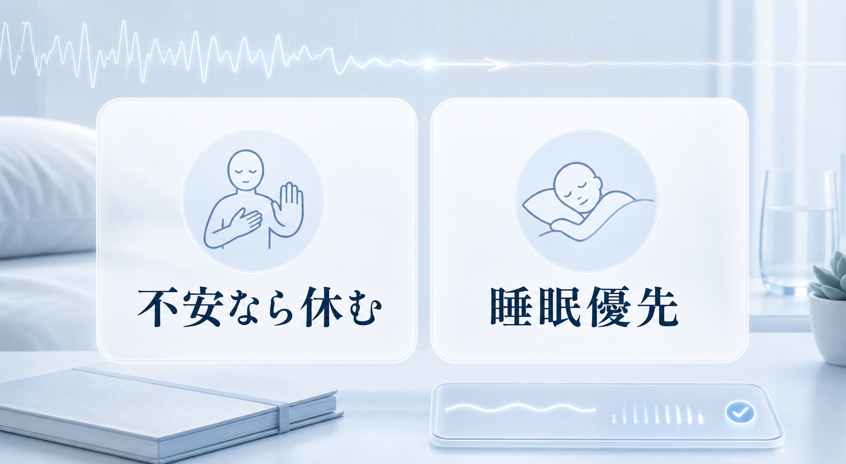 不安なら休み、睡眠を優先することを示す安全注意の図解