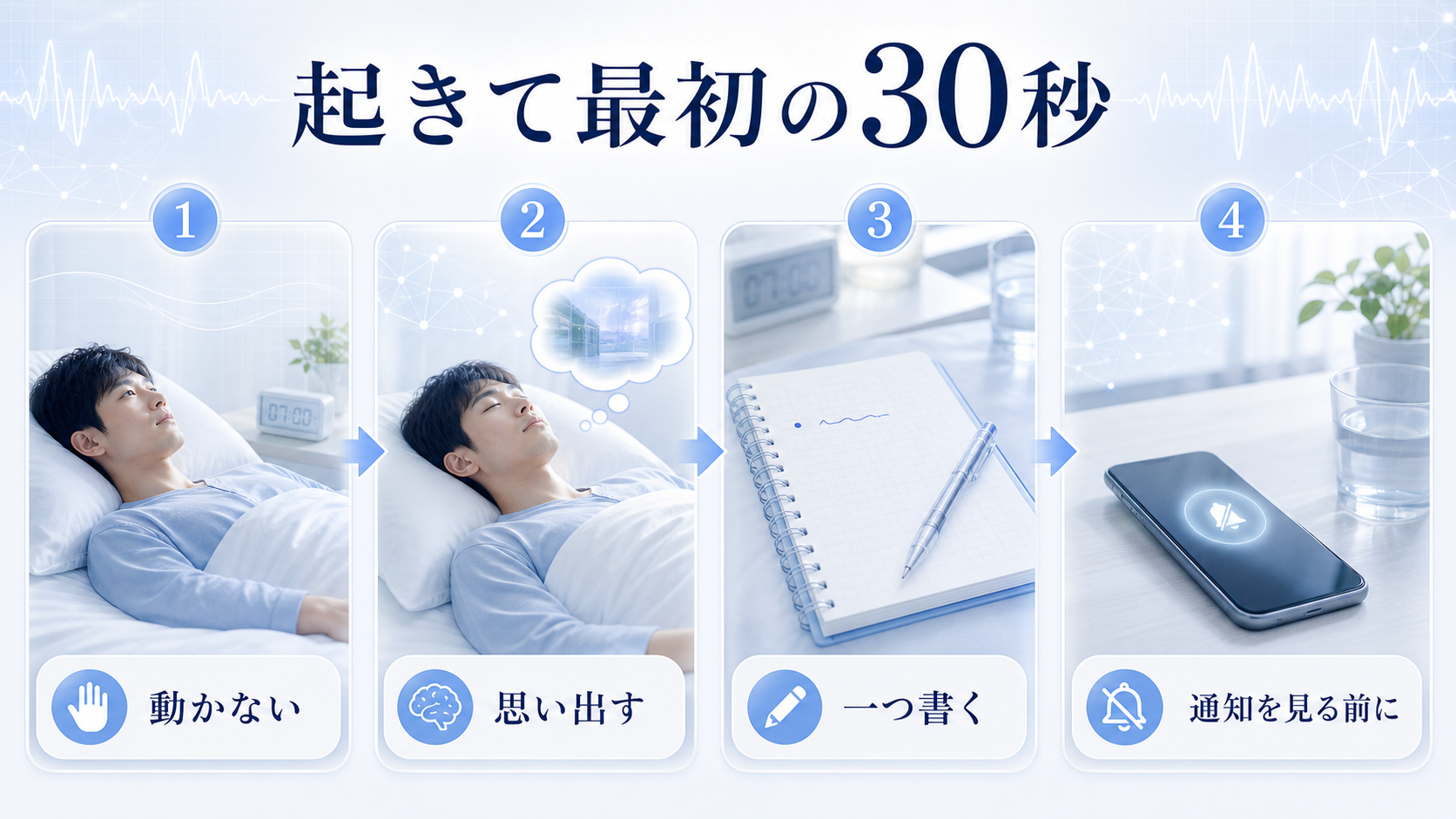 起きて最初の30秒に、動かない、思い出す、一つ書く、通知を見る前に記録する流れを示した図解